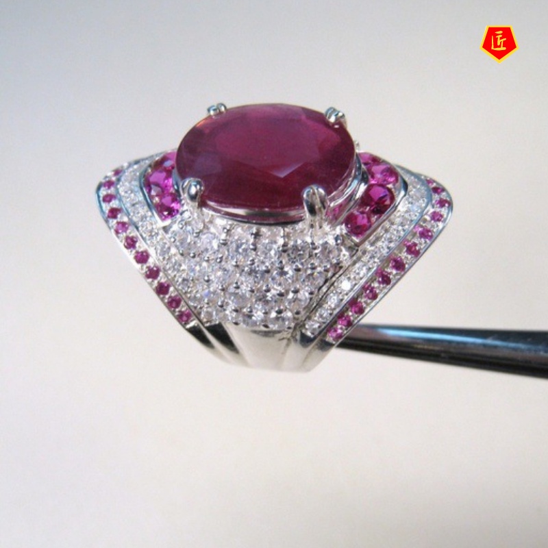 [Ready Stock]Inlaid Ruby 925 Silver Ring European and American Exaggerated