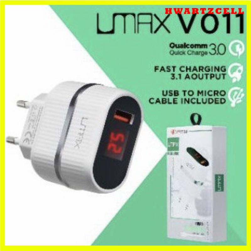 TC adaptor charger umax V011 digital led 3,1A 18watt QC3.0 fast charging Free kabel
