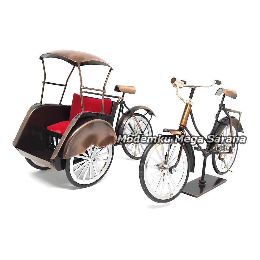 Paket isi 2 - Miniatur Becak &amp; Sepeda Ontel Logam Kawat
