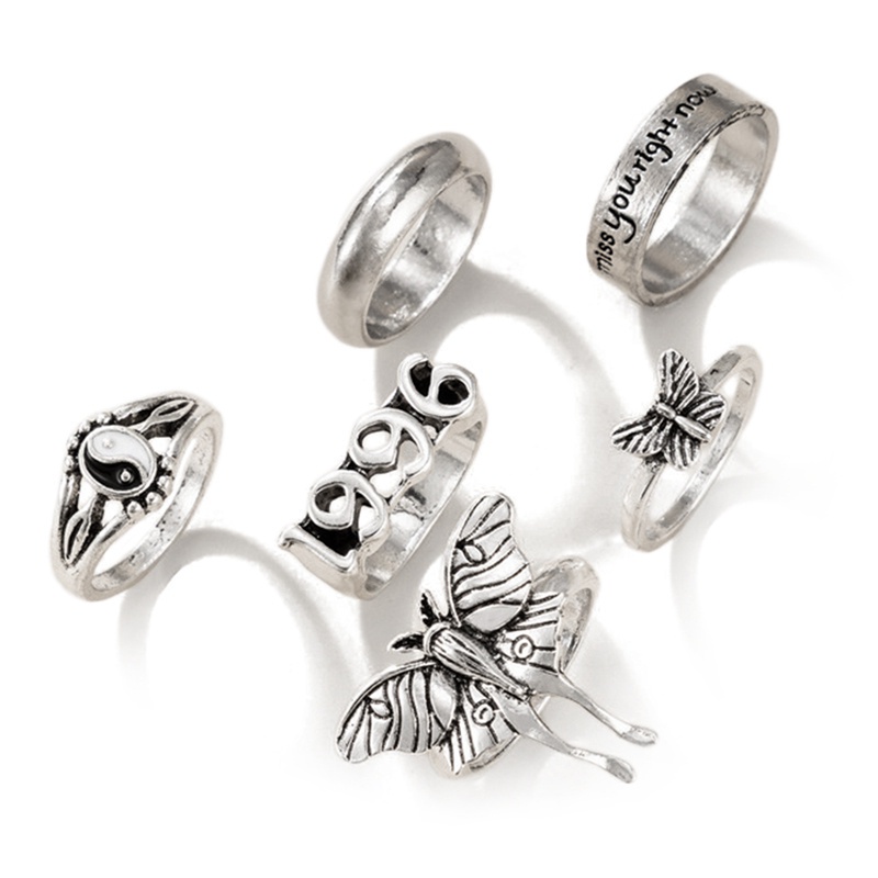 Fancyqube 6pcs / Set Cincin Desain Kupu-Kupu Tulisan 1996 Tai Chi Warna Silver Gaya Vintage Untuk Pria Dan Wanita