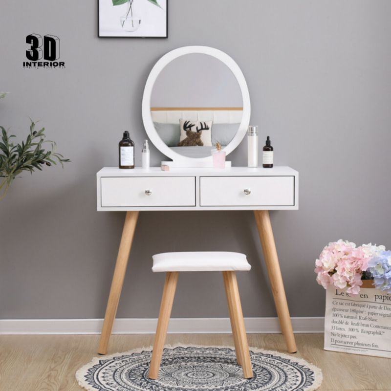 Meja rias dengan cermin bulat & 2 laci + kursi minimalis