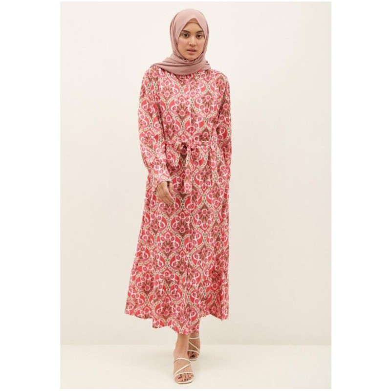 MIDI DRESS BANGKOKAN MOTIF BUNGA WARNA PINK LD 120 PB 125 FULL KANCING FREE BELT / OUTER LONG CARDY