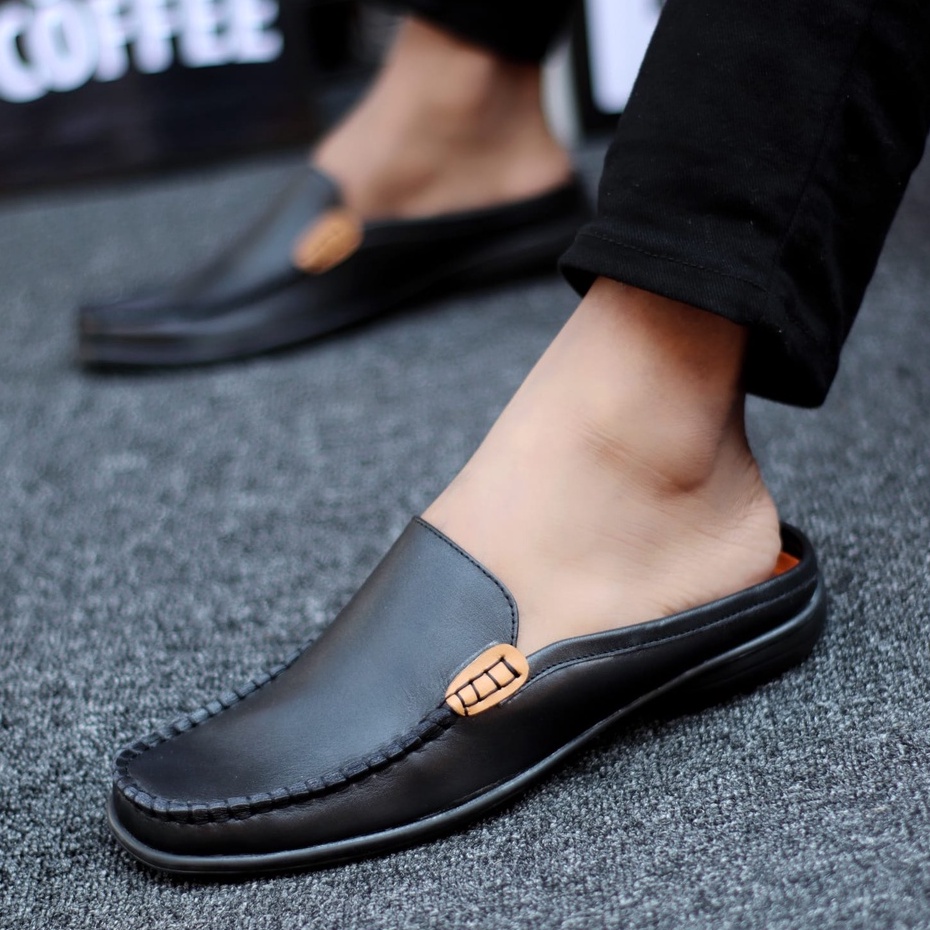 Abrhm Azura - Sepatu Sandal Pria Casual Kulit Asli Bustong Hitam