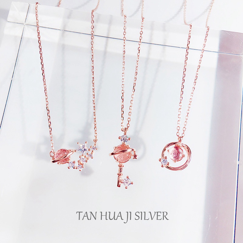 Kalung Liontin Necklace Pink Crystal Planet Pendant Necklaces Women Simple Cute Jewelry Gifts