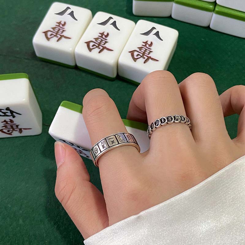 Cincin Model Terbuka Desain Tulisan Mahjong Gaya Korea Retro Untuk Wanita