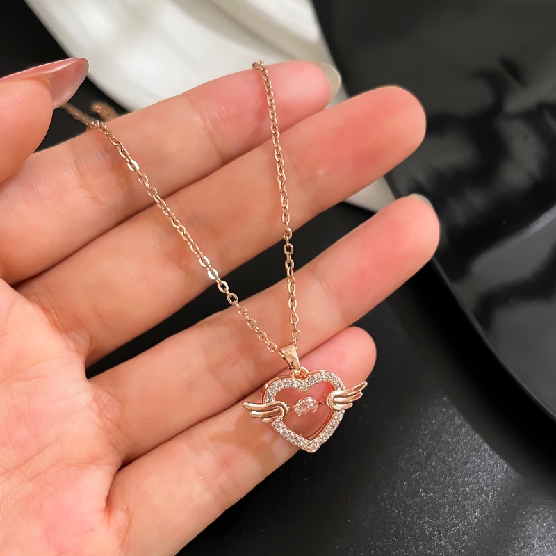 Kalung Rantai Liontin Hati + Sayap Bahan Stainless Steel Anti Air Hypoallergenic Untuk Wanita