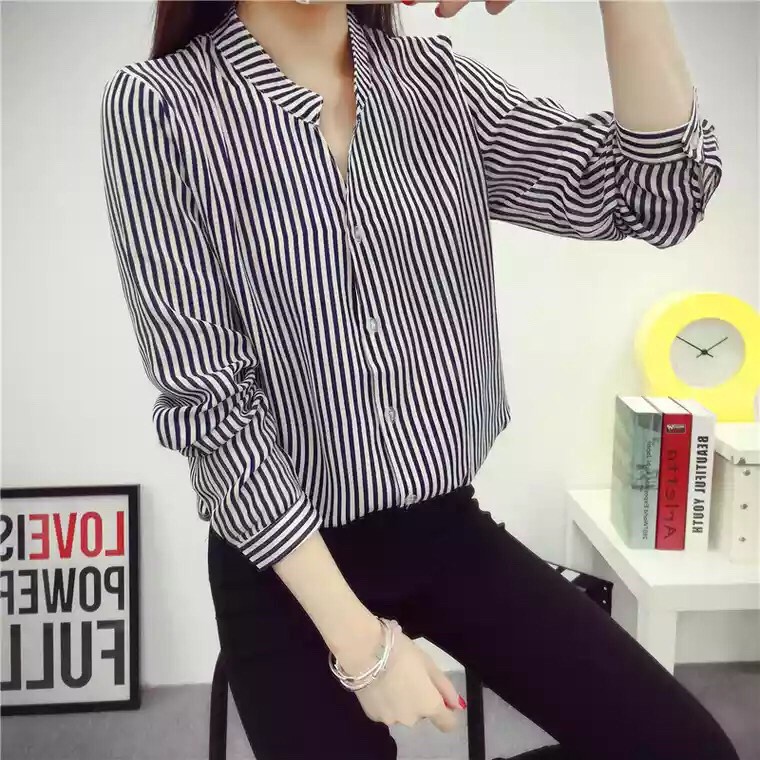 FDM-FN- Kem Ainy kemeja wanita salur bahan katun fit L 1F-5
