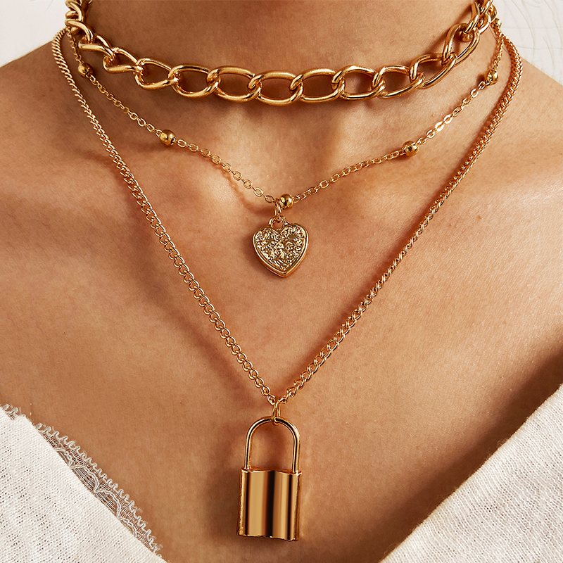 IFYOU Korean Retro Fashion Bohemian Gold Necklace Personality Lock Butterfly Pearl Pendant Multilayer Chain Choker Jewelry Accessories Gift