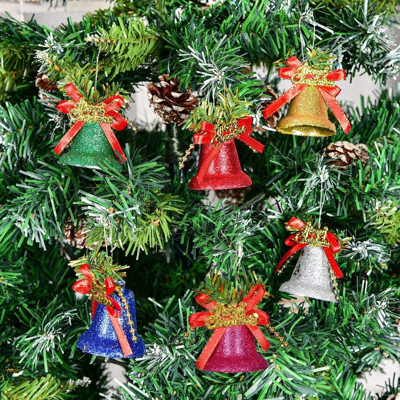 6Pcs Christmas Colorful Glitter Jingle Bell Hanging Pendant for Party,Wall, Fireplace, Gardens，Xmas Tree