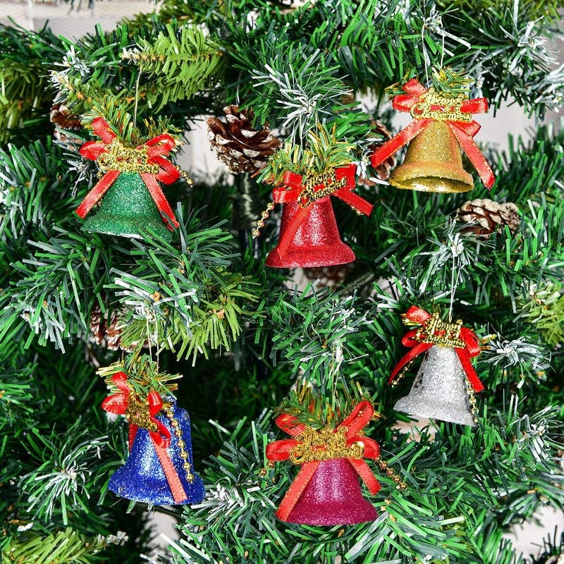 6Pcs Christmas Colorful Glitter Jingle Bell Hanging Pendant for Party,Wall, Fireplace, Gardens，Xmas Tree