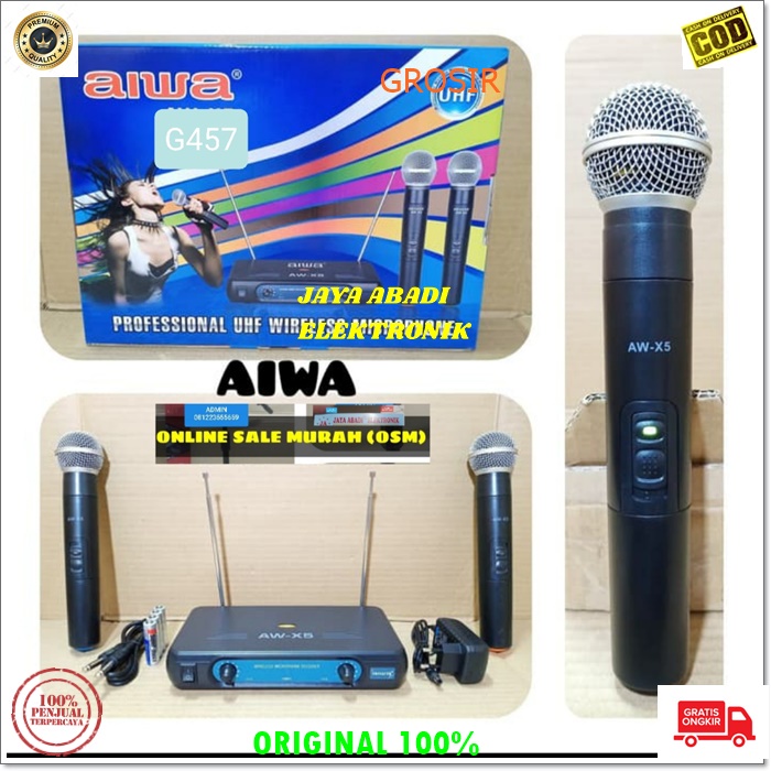 MIC WIRELESS UHF AIWA DUAL MIK WIRELES SEPASANG MIKROPON MIKROPHONE DISPLAY SOUNDBEST MICROPHONE KAR