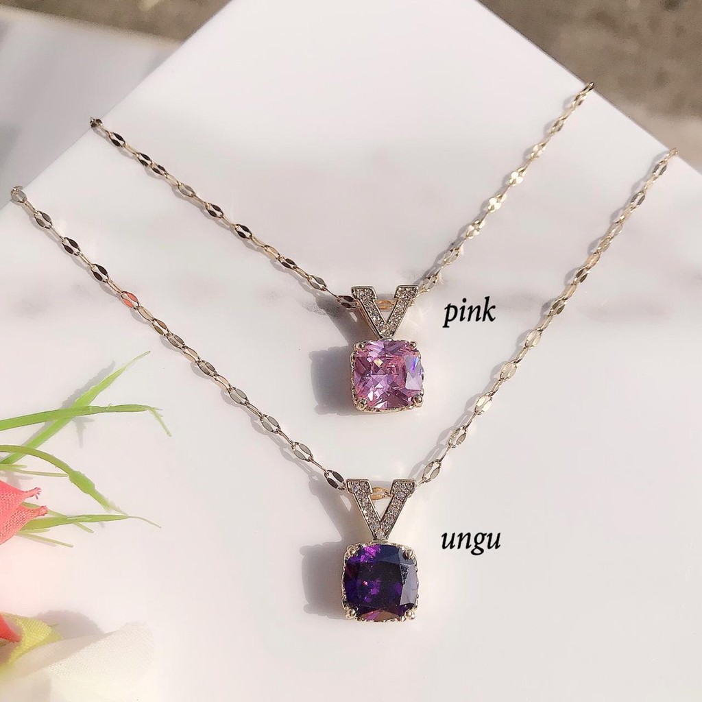 COD kalung fashion wanita titanium asli anti karat korea style model liontin zirconia square stone