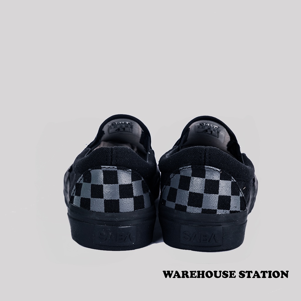 SABA Checkerboard Slip On All Black  - Sepatu Sneakers Casual Pria Wanita