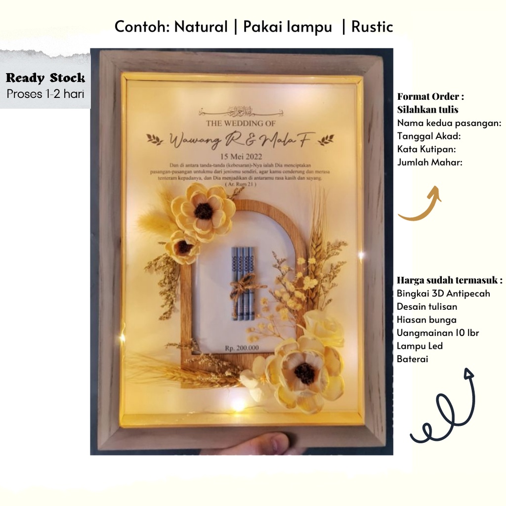 Bingkai Mahar Pernikahan /Frame Mahar Pernikahan Rustic  3D Akrilik Bunga Kering/Custom Mahar Pernikahan 1 Hari Jadi