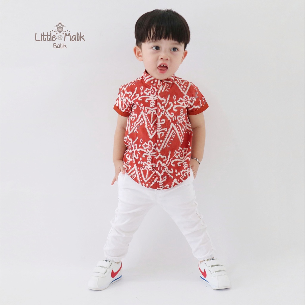 -Batik Organik Teracota- Kemeja Batik Anak Lengan Pendek By Little Malik Batik, Garutan Motif Talawang