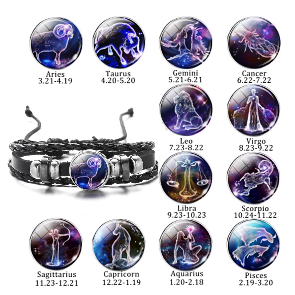 Gelang Kulit Multilayer Desain 12 Zodiak Untuk Pria Dan Wanita