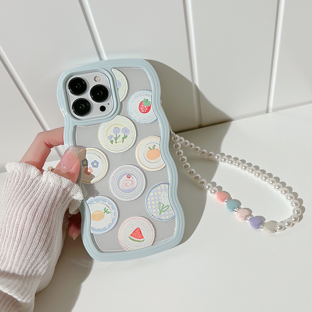 2 In 1 Case Pelindung Transparan Pinggiran Gelombang Biru Dengan Rantai Untuk Iphone 14 13 XS XR 11 12 PRO MAX