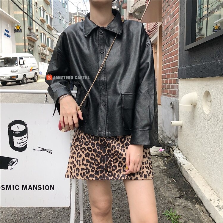 JNK x LADY - Jaket Wanita Casual Faux Synthetic Leather Women Jacket Premium Original Bahan Semi Kulit Sintetis Viena Kasual Classic Branded Elegan Cewek Perempuan Ladies Outfit Hijab New Spring Autumn Fashion Single Breasted Short Pendek Coat Turn Down