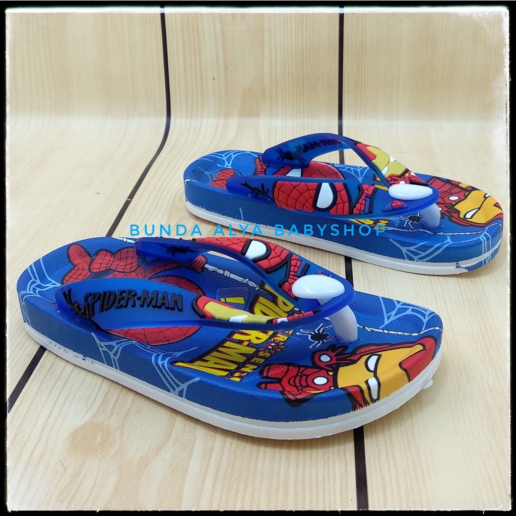 Sendal Anak Laki Jepit IMPORT Usia 5 6 7  Tahun  BIRU Motif Superhero - Sendal Jepit Anak Cowok Elastis Alas Karet Anti Licin