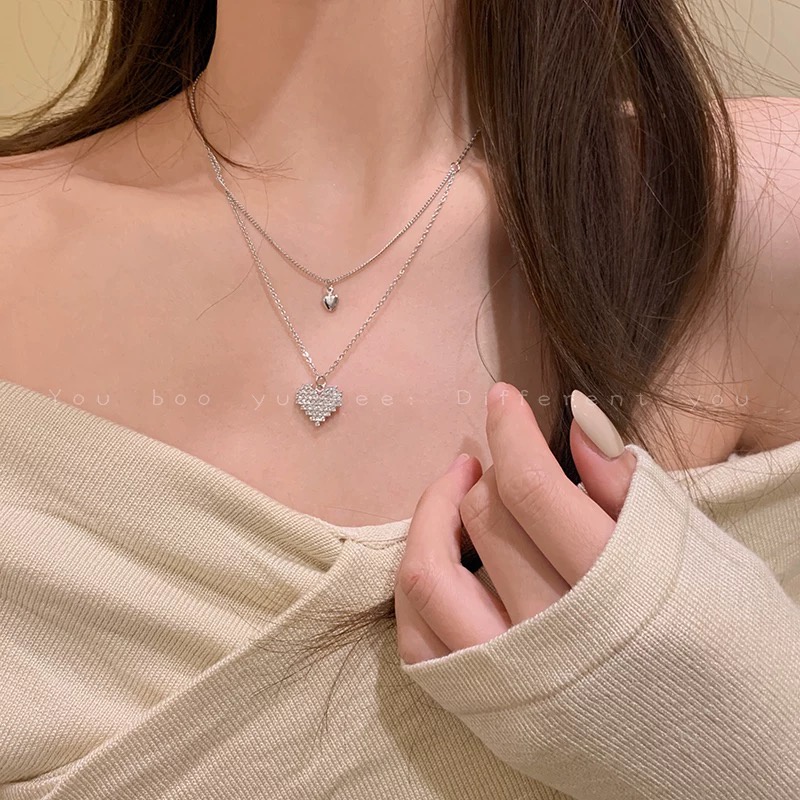 YEEZII Kalung Choker Rantai Ganda Hias Liontin Hati Kristal Warna Silver Untuk Wanita