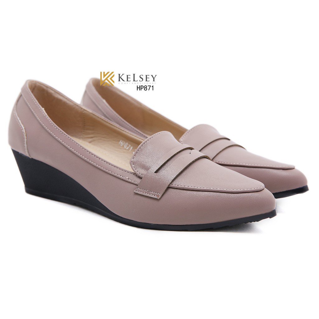 Kelsey Wedges Sepatu Pantofel Wanita Kulit Hitam  Kerja Kantor Formal Pantopel HP871