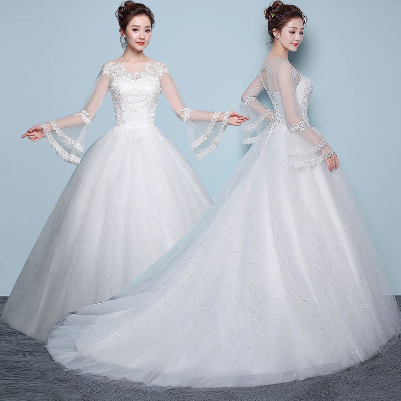065 White Long Sleeve Long Tail Lace Long Tail Wedding Dress Bridal Gown