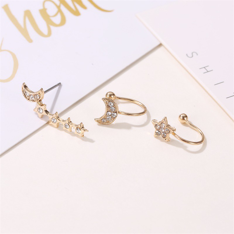 3pcs/set Anting Klip Tulang Telinga Bentuk Bintang Anting Imitasi Berlian Klip Telinga Bintang Bulan