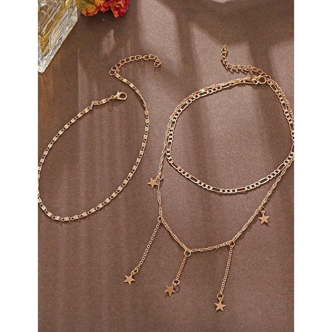 LRC Kalung Fashion Golden Pentagram Three-layer Alloy Necklace K36020