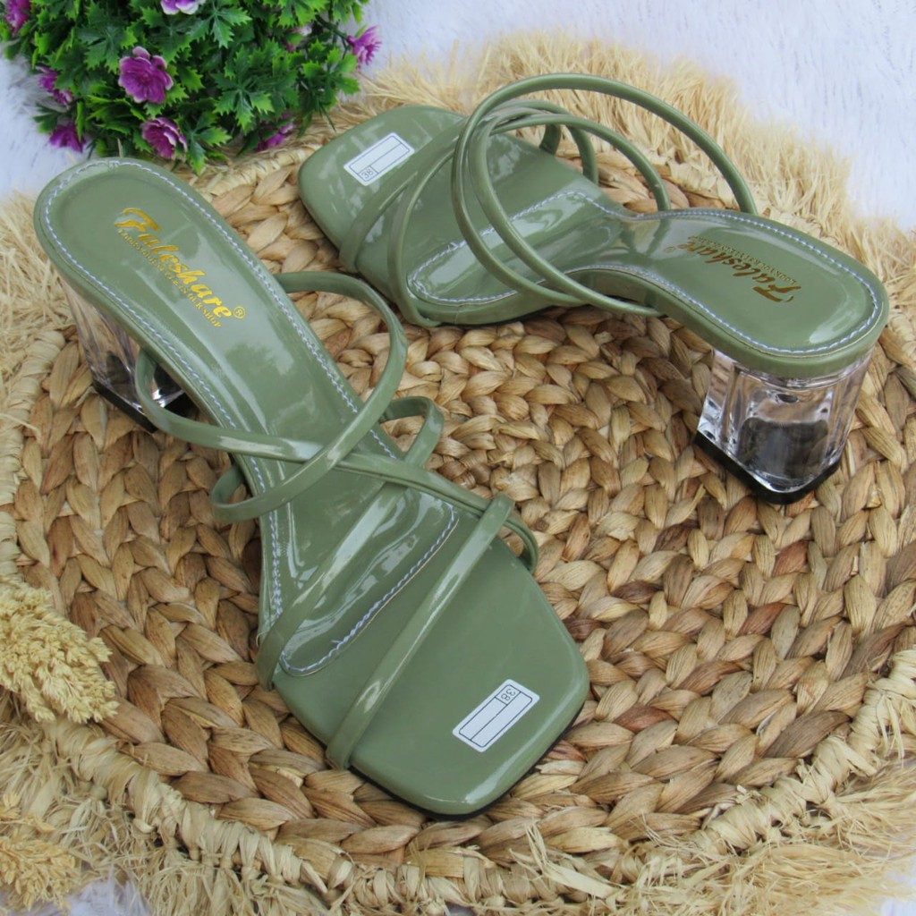 Sandal wanita hak kaca 7cm slop tali silang