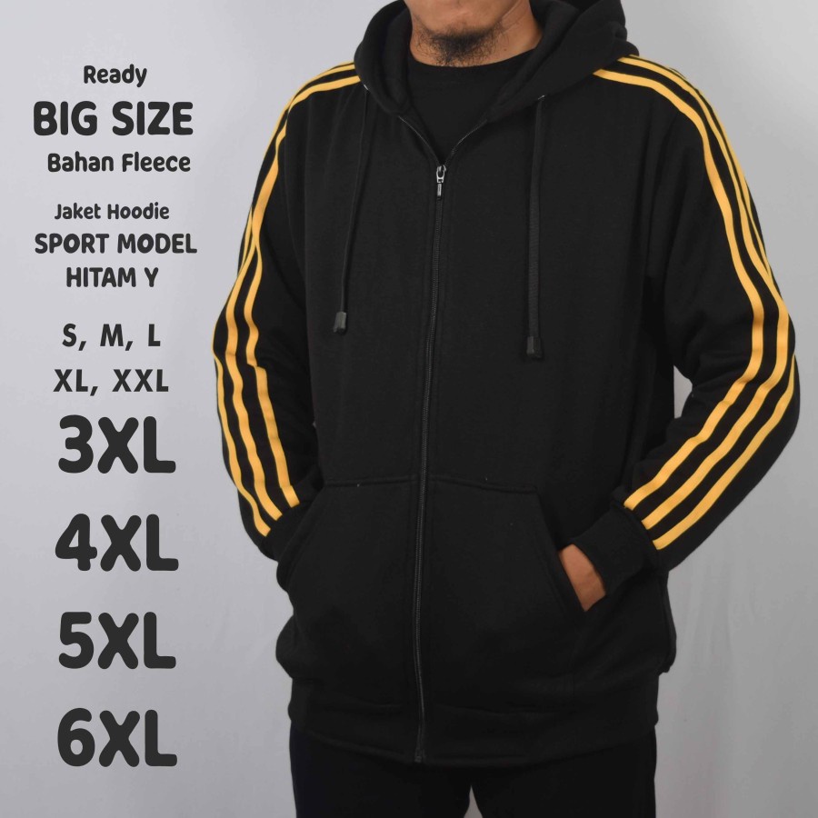 JAKET ZIPPER ADIDAS HITAM LIST KUNING BIG SIZE JUMBO