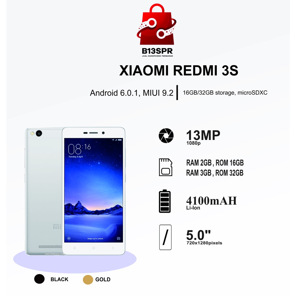 [Baru] HP Xiaomi Redmi 3S 16GB ROM 2GB RAM Qualcomm SNAPDRAGON 430 | Handphone Xiaomi 3S 2/16gb 4G