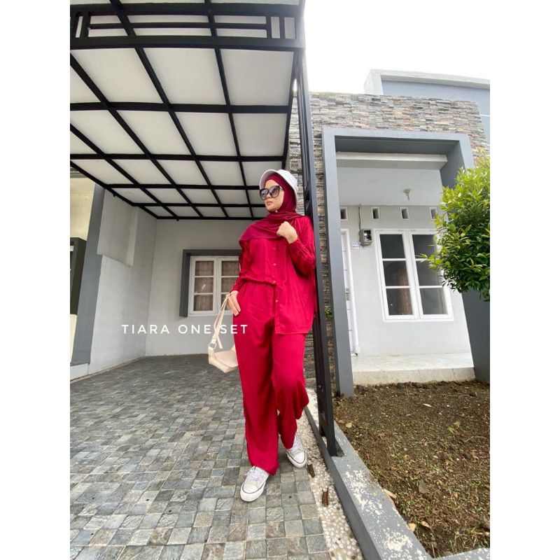 One Set TIARA Pajamas Set Kemeja Polos Tangan Panjang Bahan Katun Rayon Premium