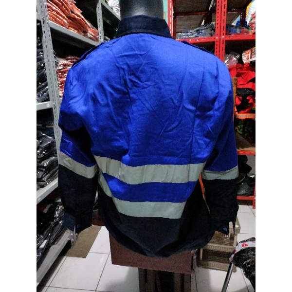 SERAGAM BAJU SAFETY BIRU KOMBINASI DONGKER KANCING BAHAN PREMIUM