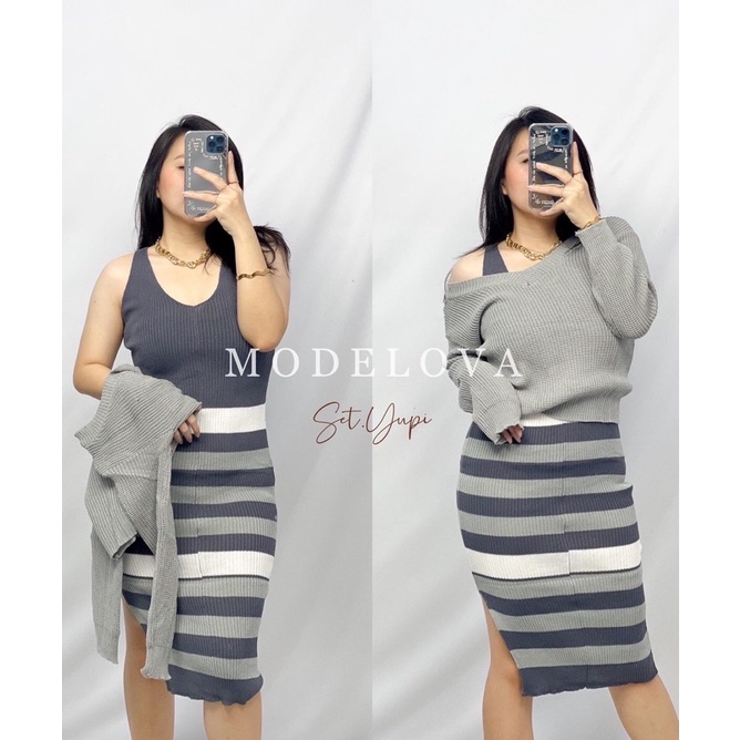 MDLV ~ SET YUPI RAJUT STRIPE SET RAJUT BAJU RAJUT  FASHION WANITA