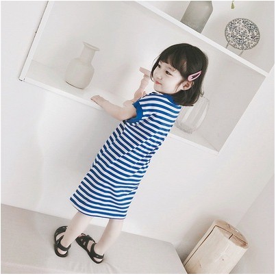 Dress T-shirt Anak Perempuan Tanpa Lengan Motif Strip Biru Import