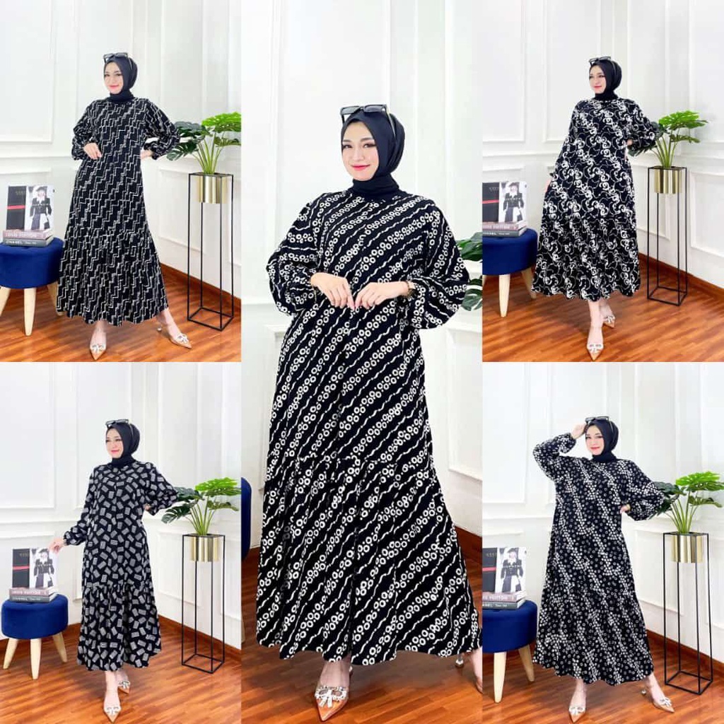 GAMIS RAYON PREMIUM MALAMAN BLACK WHITE JUMBO RESLETING DEPAN DRESS WANITA SYARI BATIK CAP PEKALONGAN