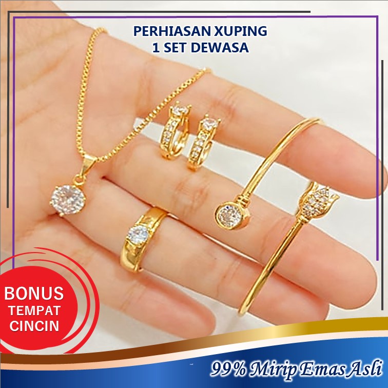 Kalung Liontin Wanita Mata Satu Perhiasan Lapis Emas Aksesoris Kalung Anting Gelang Cincin 1 SET Ema