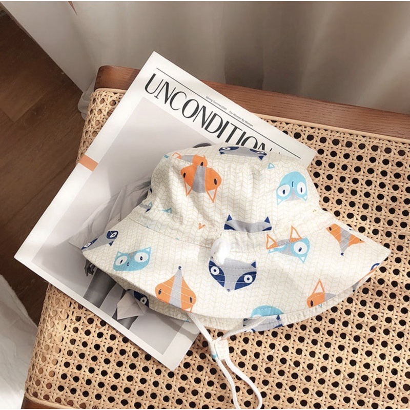 Topi Bucket Anak Bayi Balita Model Animal Tali Serut-Putih owl