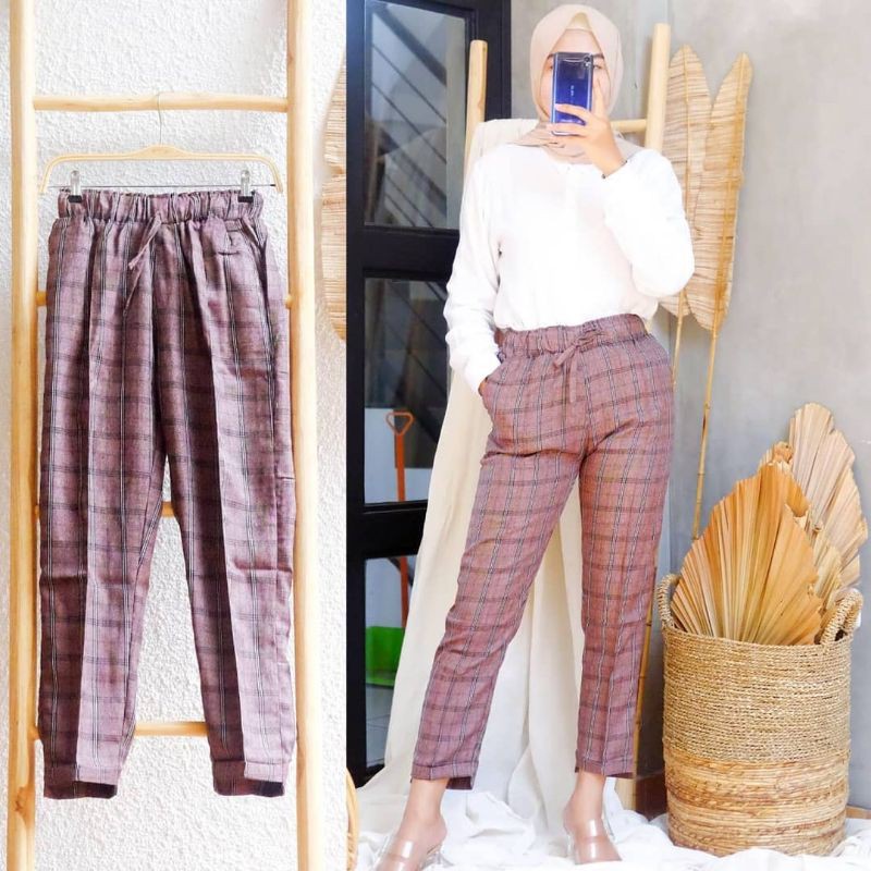 Celana Pants Panjang Cewek/Wanita | Celana Kotak-Kotak Cewek | Square Pants woman