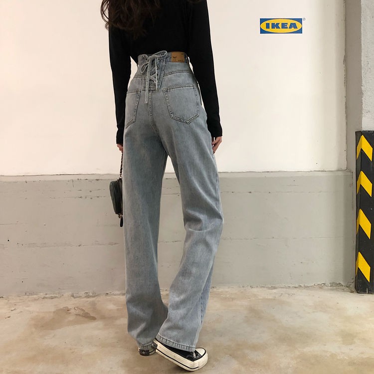 Suhao Musim Semi dan Musim Gugur Baru Korea Vintage High Waist Jeans Wanita longgar fit Kaki lebar celana ayah