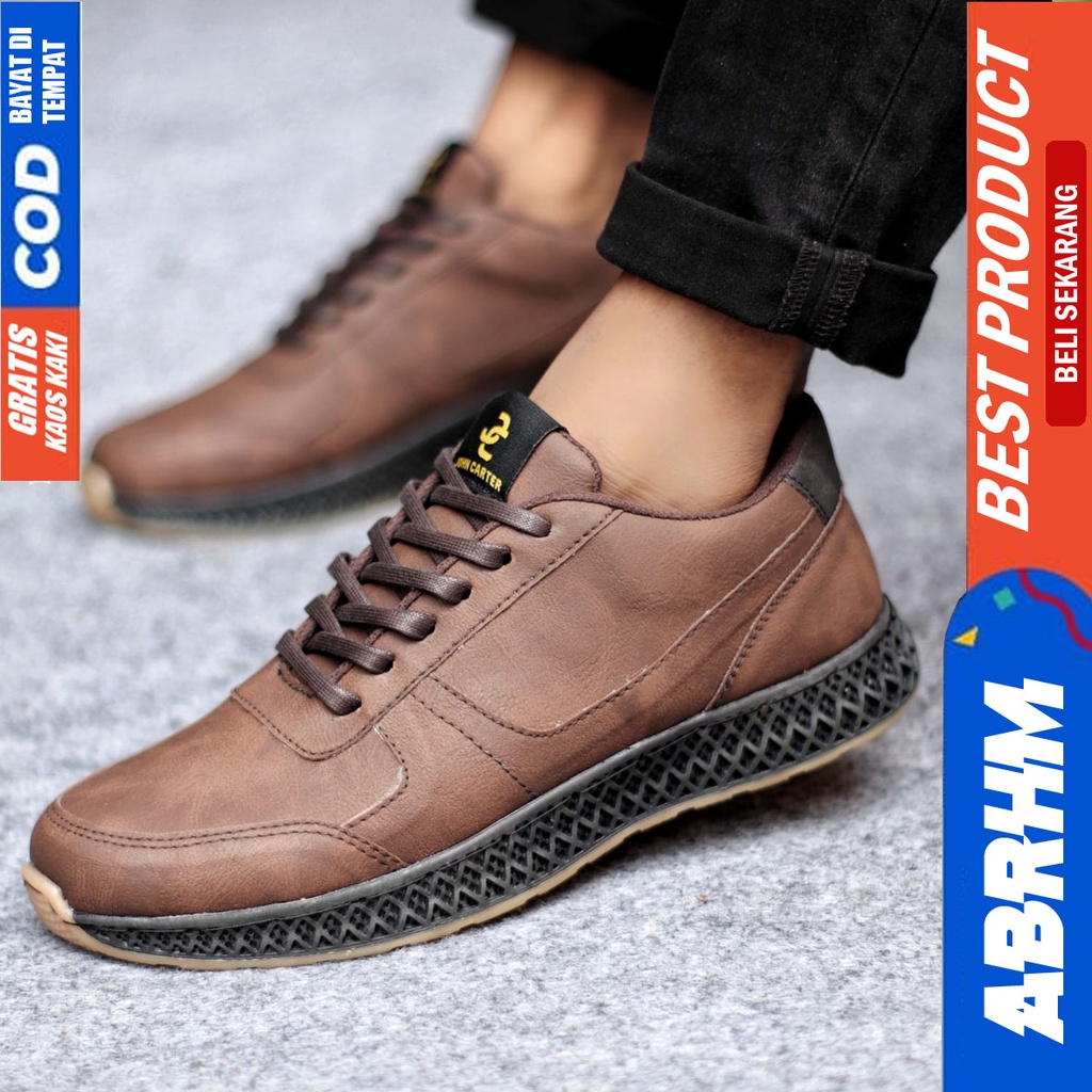 Sepatu Sneakers Pria Kasual Kulit Pu Kerja Santai Hitam Coklat JIMRUN ABRHM