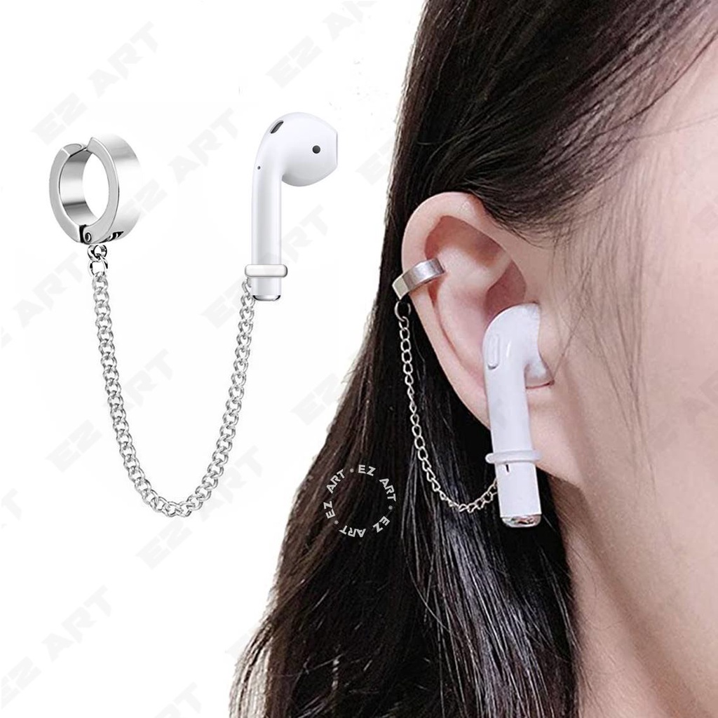 EZPOD ANTING ANTI-HILANG EARPHONE AIRPOD GAYA KOREA KPOP BTS JEPIT TANPA TINDIK PRIA WANITA HITAM SILVER