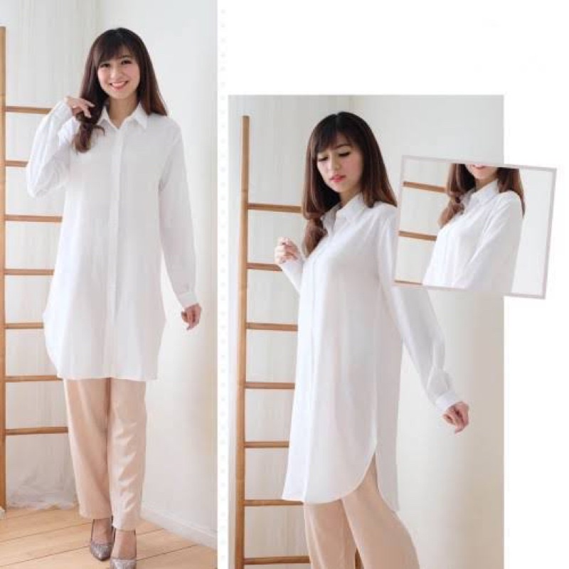 Baju Long Dress Kemeja Tunik Wanita Hitam Putih Polos Jumbo