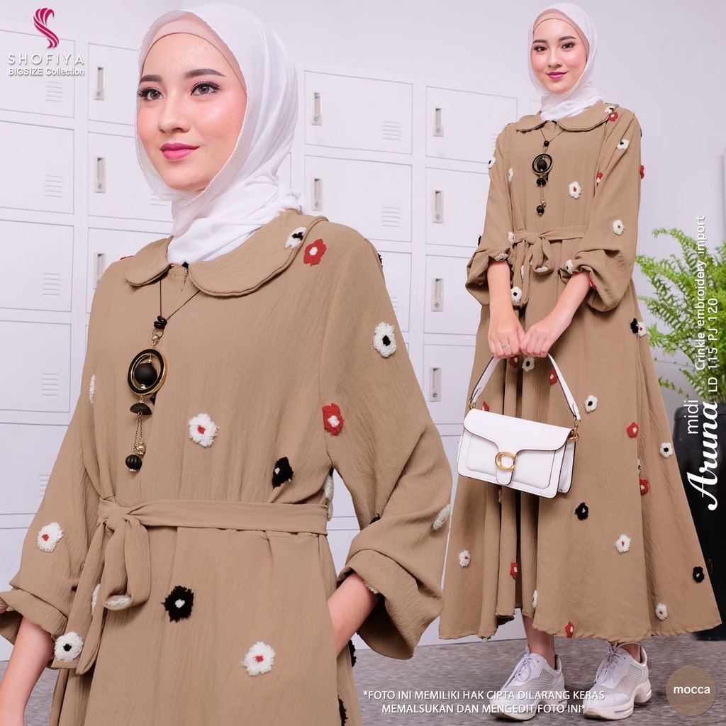aruna midi dress dres pakaian baju longdres gamis syari motif jumbo besar ld 115 xxxl bigsize big si