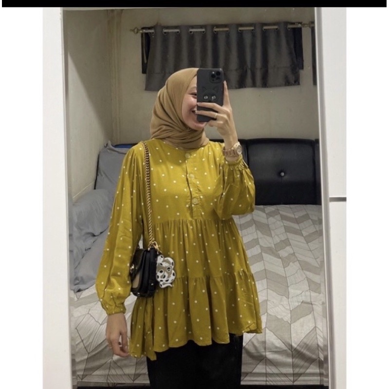Pokana Blouse Polkadot Rayon Premium Blouse Ruffle Wanita