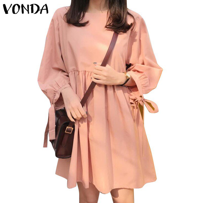 Vonda Women Casual 3/4 Sleeves Holiday Solid Pleated Short Dress