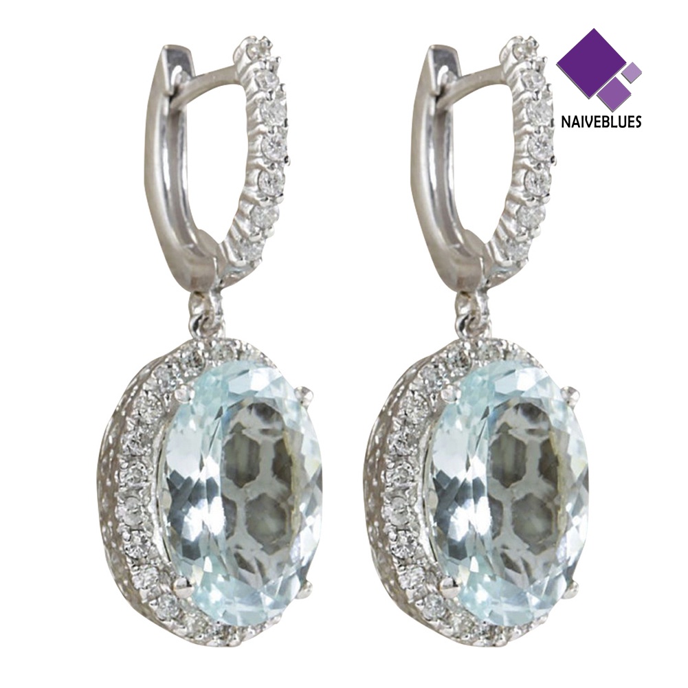 Anting Juntai Bentuk Oval Aksen Aquamarine Tiruan Untuk Wanita