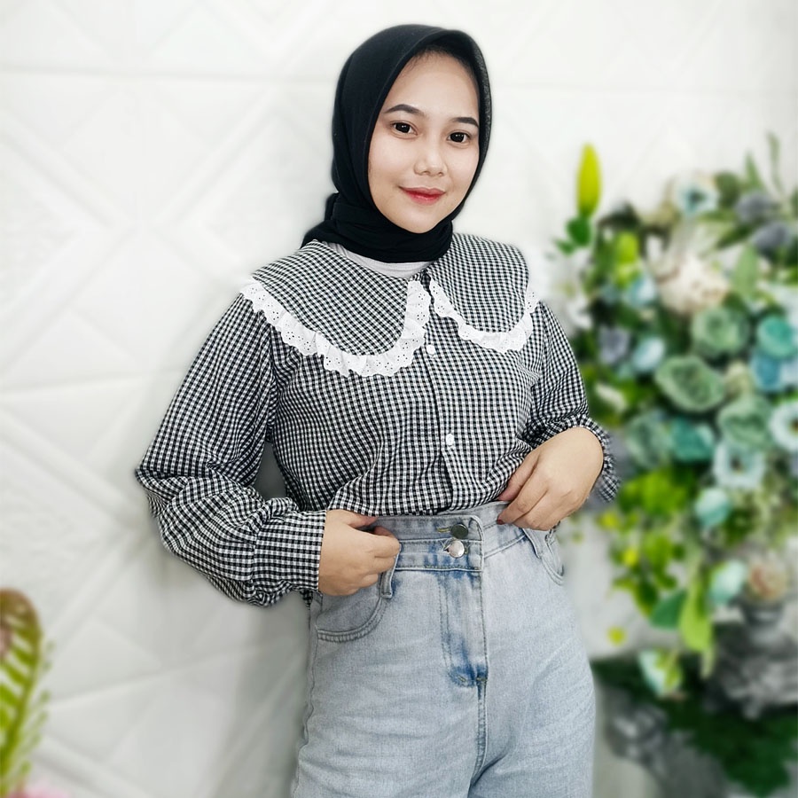 CARLINA – Rania Blouse Kotak Mix Renda Bordir Kerah Kemeja Wanita
