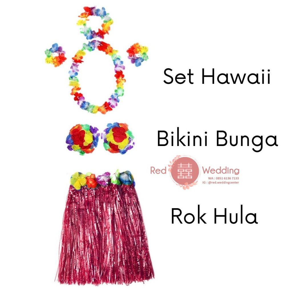 Set Hawaii Bunga Bikini Rok Hula Rumbai Wedding Game Permainan Accessoris Lengkap Funny Pengantin Groom Bride