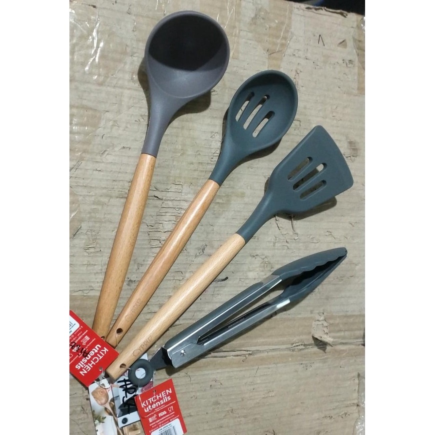 Paket Spatula Cypruz Sodet Silikon Gagang Kayu Silicone Abu Set